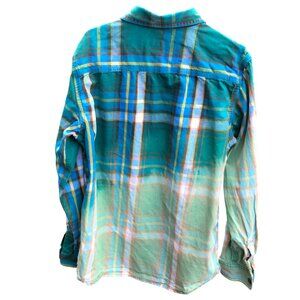 Upcycled Ombre Bleached Kid’s Shirt, Flannel Plaid Button-Down Top Size 12-14